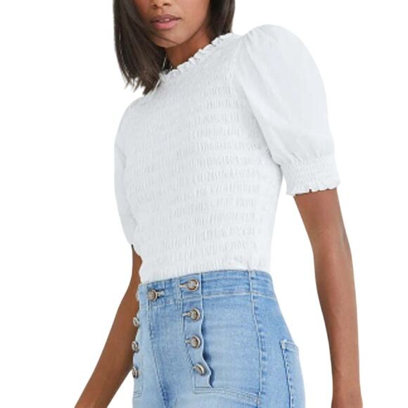 Veronica Beard XS Womens Langston Smocked Top White Puff Sleeve - Picture 1 of 9